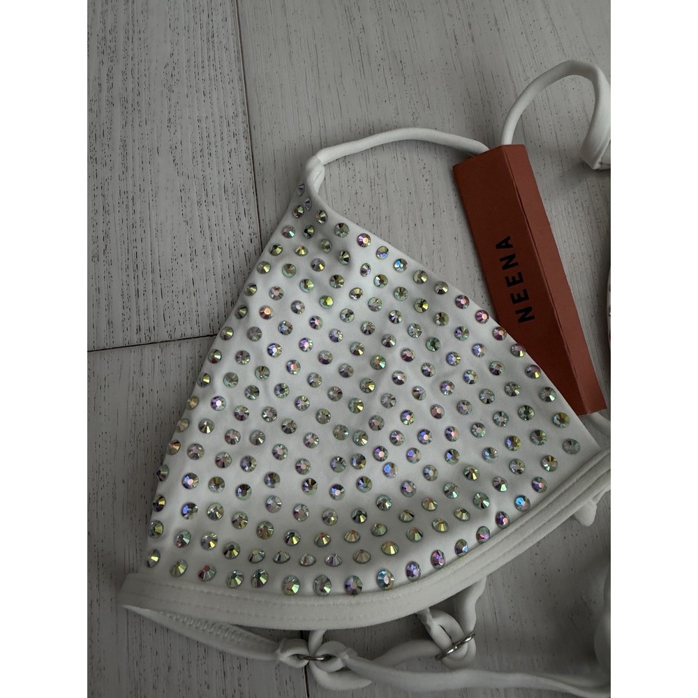 NWT Neena Triangle Bikini Top Sz S White Rhinestones - Picture 2 of 3